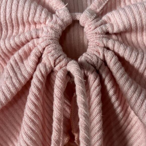 Pink Ribbed Crop Top - Ruched Front, Adjustable Tie, Lettuce Hem, Y2K Aesthetic - Picture 4 of 5